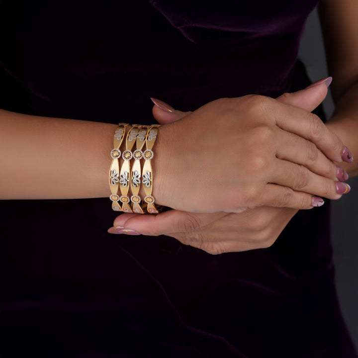 The MoreePork Women's 24 Carat Gold-Plated, Brass Golden Traditions Bangles Set for Daily Wear, Parties, & Festivals.